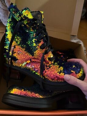 Multicolor Sequin Lace-Up Platform Boots Rave boots